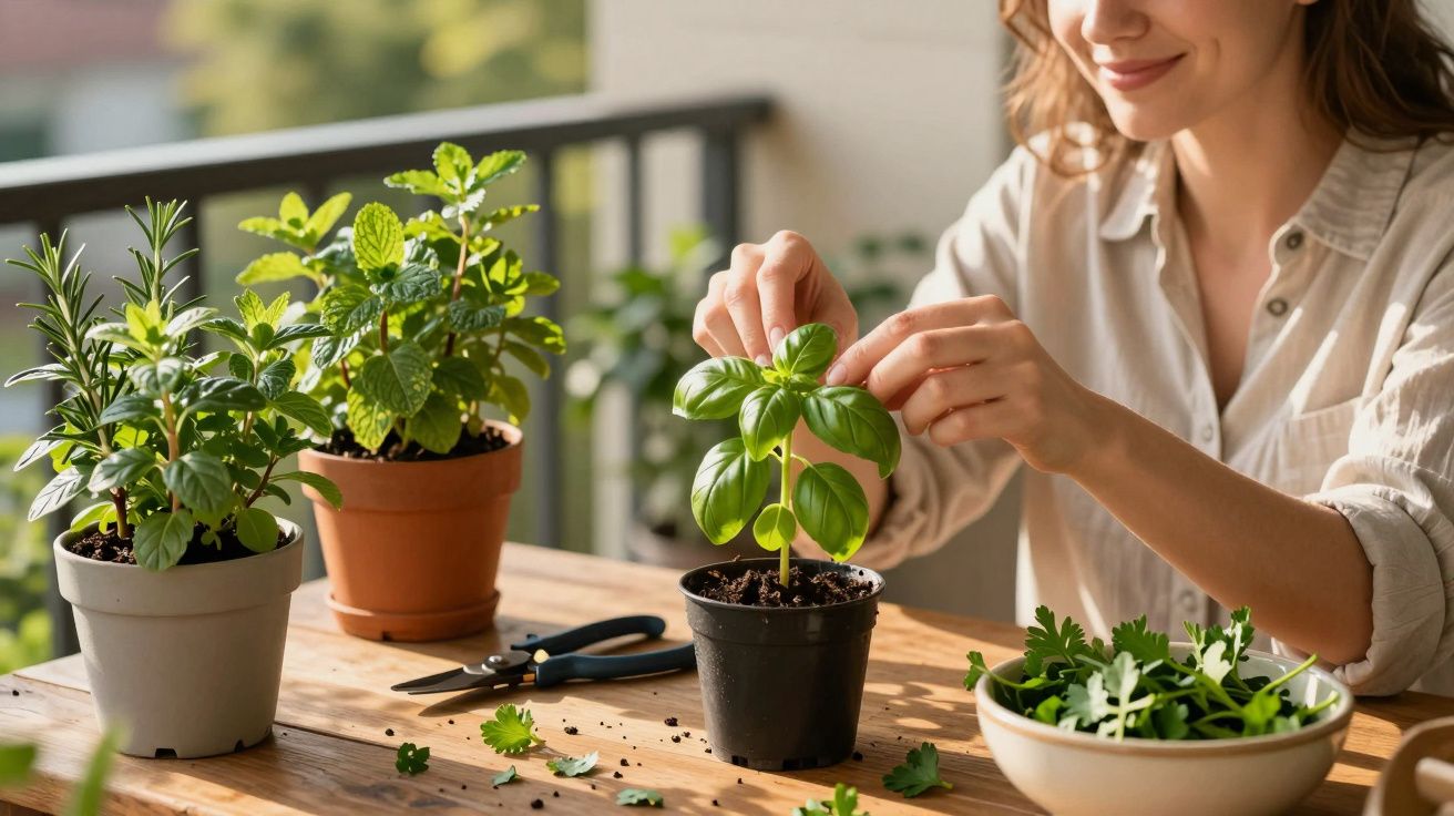 Mulher cuidando de plantas em vasos em uma mesa de madeira ao ar livre.