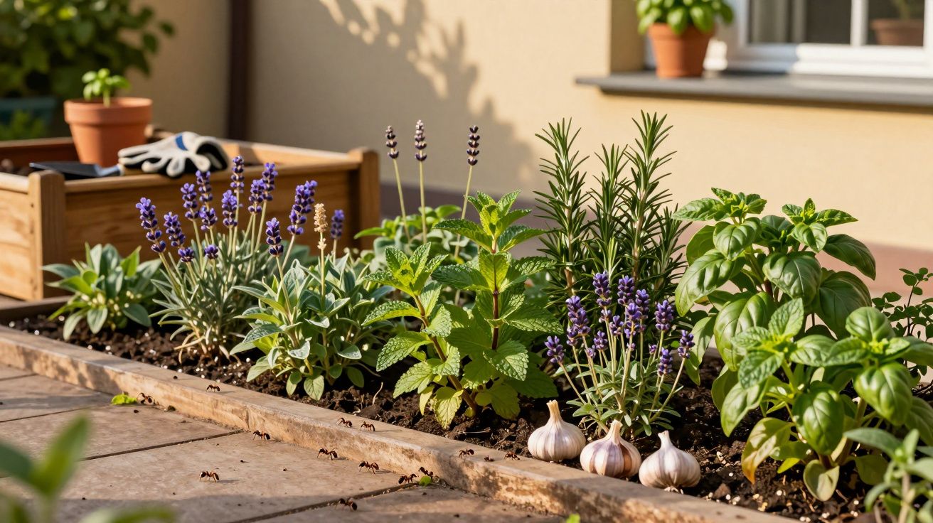 Horta com ervas aromáticas, alho e flores de lavanda em canteiro de madeira ensolarado.