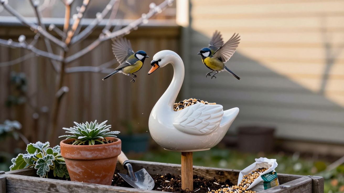 Dois pássaros voando ao redor de um alimentador de pássaros em formato de cisne em um jardim.