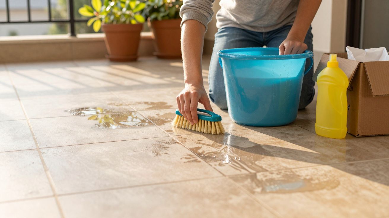 Pessoa limpando o chão de azulejo com escova, balde e produto de limpeza amarelo em área ensolarada.