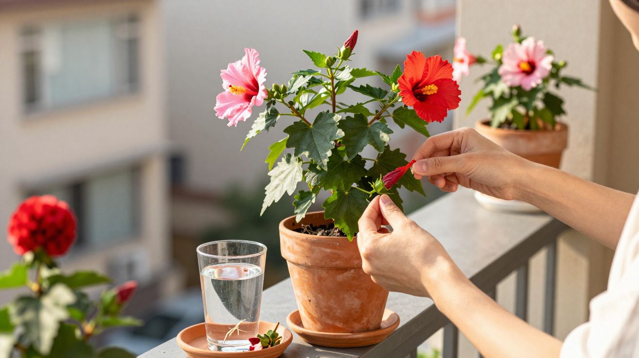 Pessoa cuidando de flores vermelhas e rosas em vaso de barro na varanda com copo de água ao lado.