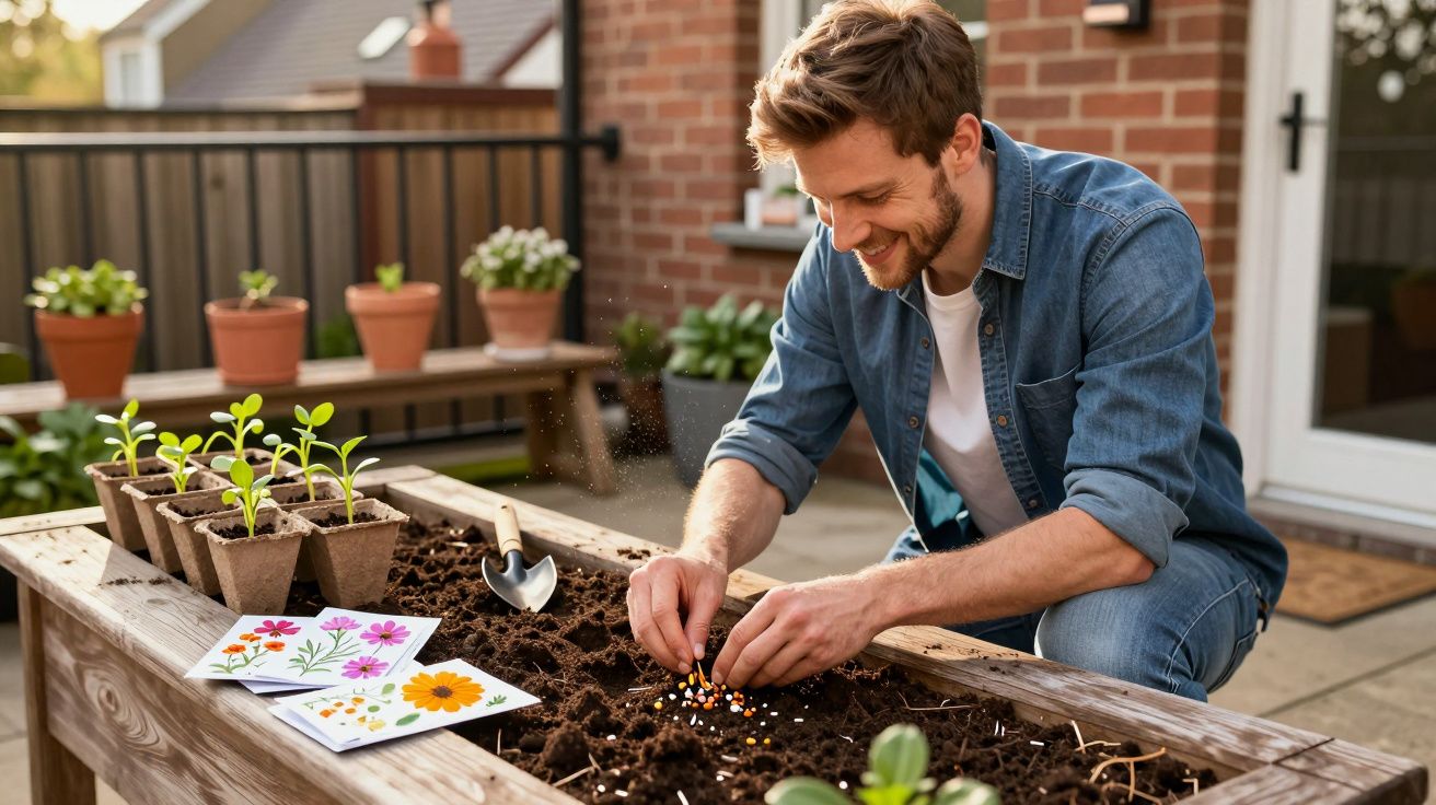 Homem sorrindo plantando sementes em canteiro elevado em área externa de casa.