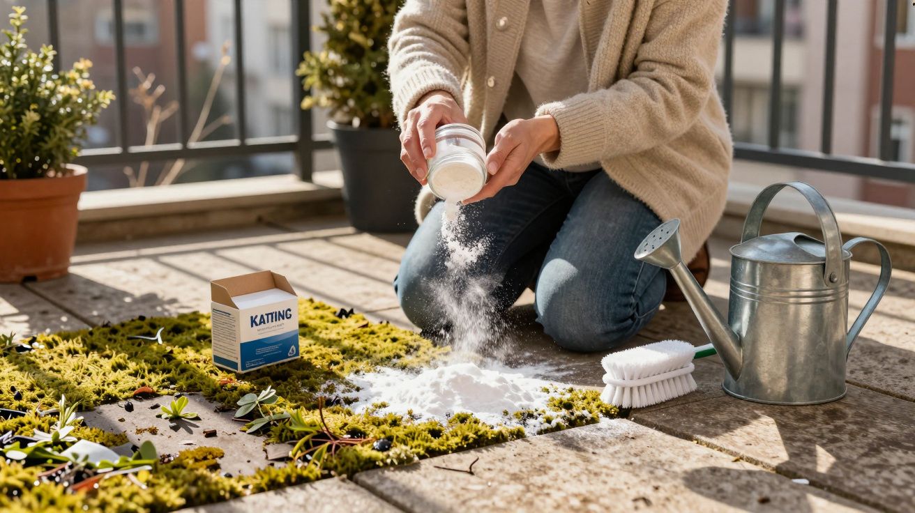 Pessoa aplicando pó branco em musgo de jardim suspenso em varanda com regador e escova ao lado.