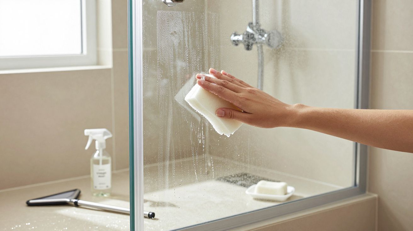 Mão limpando vidro de box de banheiro com esponja branca, ao lado uma saboneteira e spray de limpeza.