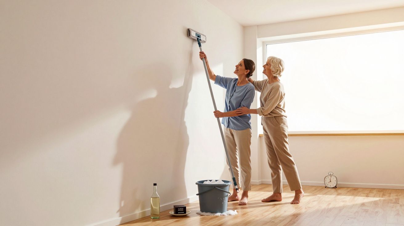 Duas mulheres limpando a parede de uma sala iluminada e vazia com esfregão longo e balde.