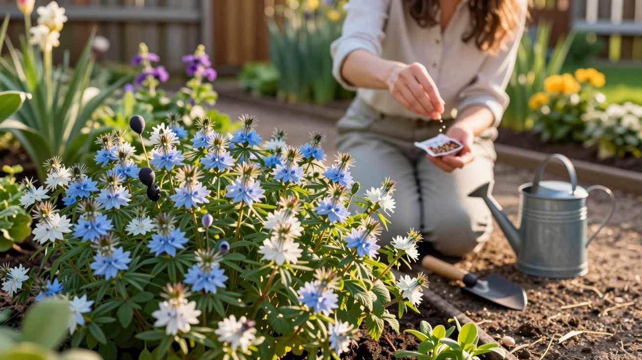 Pessoa plantando sementes em jardim com flores azuis e ferramentas de jardinagem ao redor.