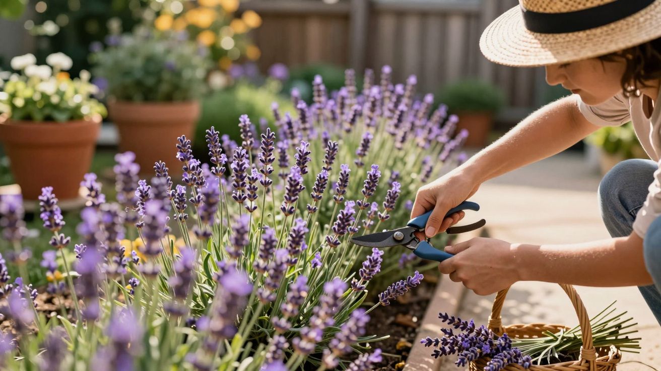 Pessoa colhendo flores de lavanda em jardim, usando chapéu e tesoura de poda, com cesta ao lado.