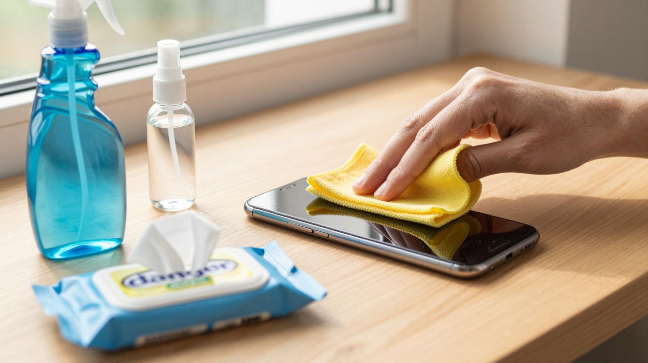 Mão limpando a tela de um celular com pano amarelo, ao lado de frascos com produtos de limpeza e lenços umedecidos.