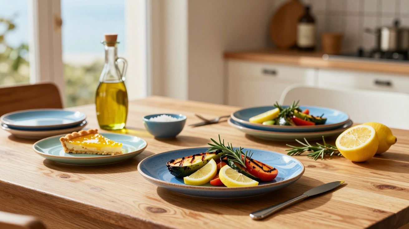 Mesa de madeira com pratos de legumes grelhados, fatias de limão, torta e azeite em garrafa.