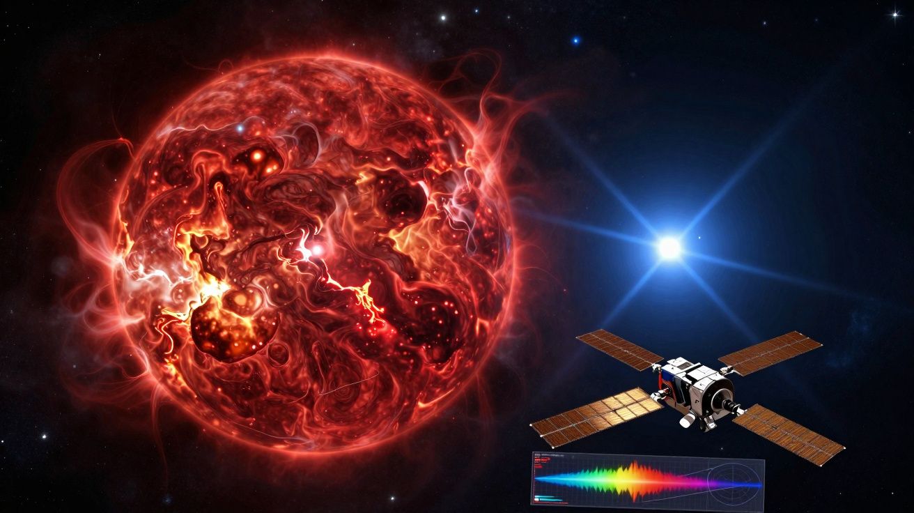 Satélite espacial próximo a uma estrela vermelha brilhante no espaço, com uma estrela azul ao fundo.