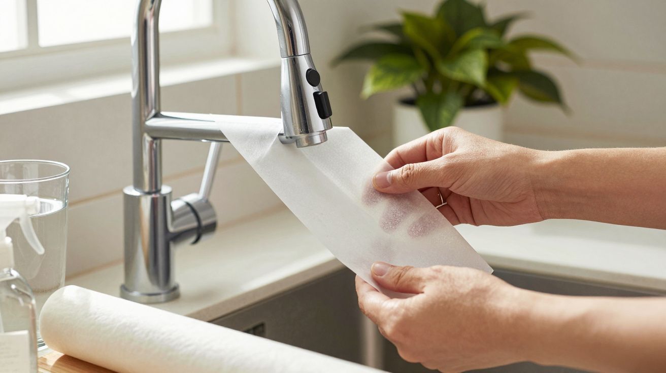 Mãos segurando papel impermeável para alimentos sob torneira na pia da cozinha com planta ao fundo.