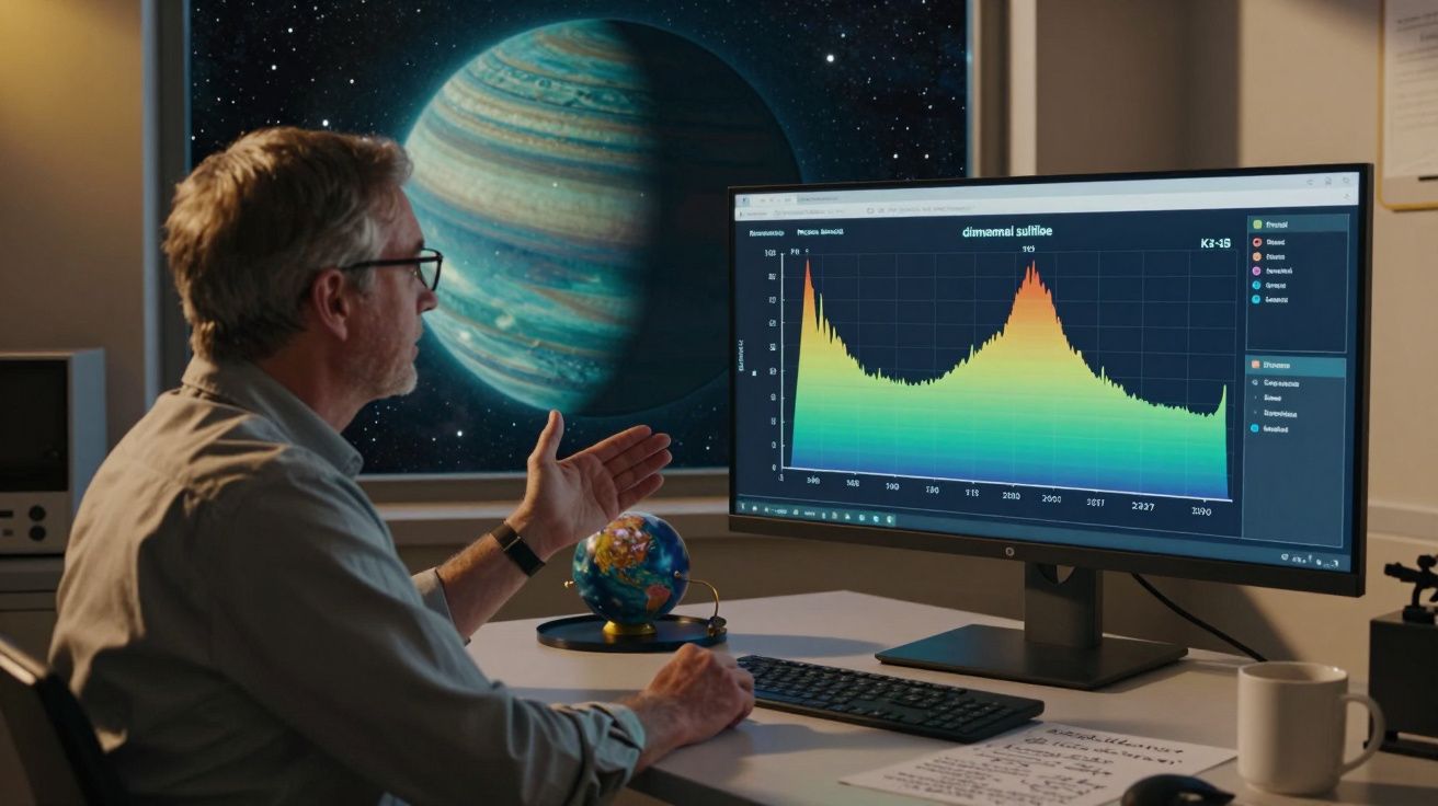 Homem sentado diante de computador com gráfico colorido e planeta gigante ao fundo em ambiente de escritório.