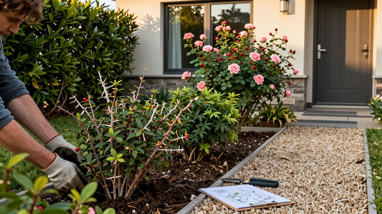 Pessoa cuidando de plantas em jardim com rosas cor-de-rosa na frente de casa, próximo a calçada de pedra.