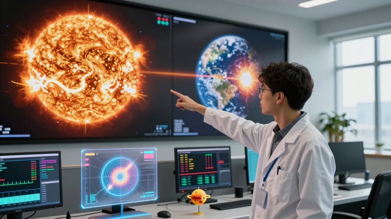 Cientista em laboratório apontando para imagem digital do sol e da Terra em telas de monitoramento.