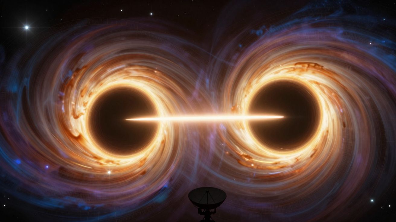 Dois buracos negros conectados por um feixe de luz brilhante no espaço, com uma antena parabólica em silhueta.