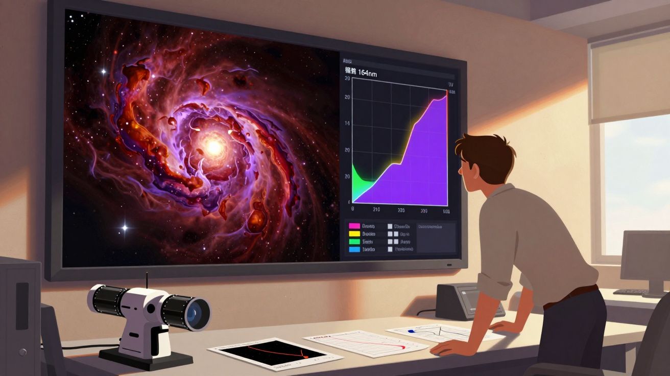 Pessoa observando uma tela com imagem de galáxia e gráfico, em sala com telescópio e documentos sobre mesa.