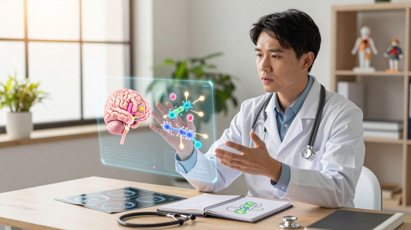 Médico analisando holograma 3D de cérebro e bactérias em escritório clínico bem iluminado.
