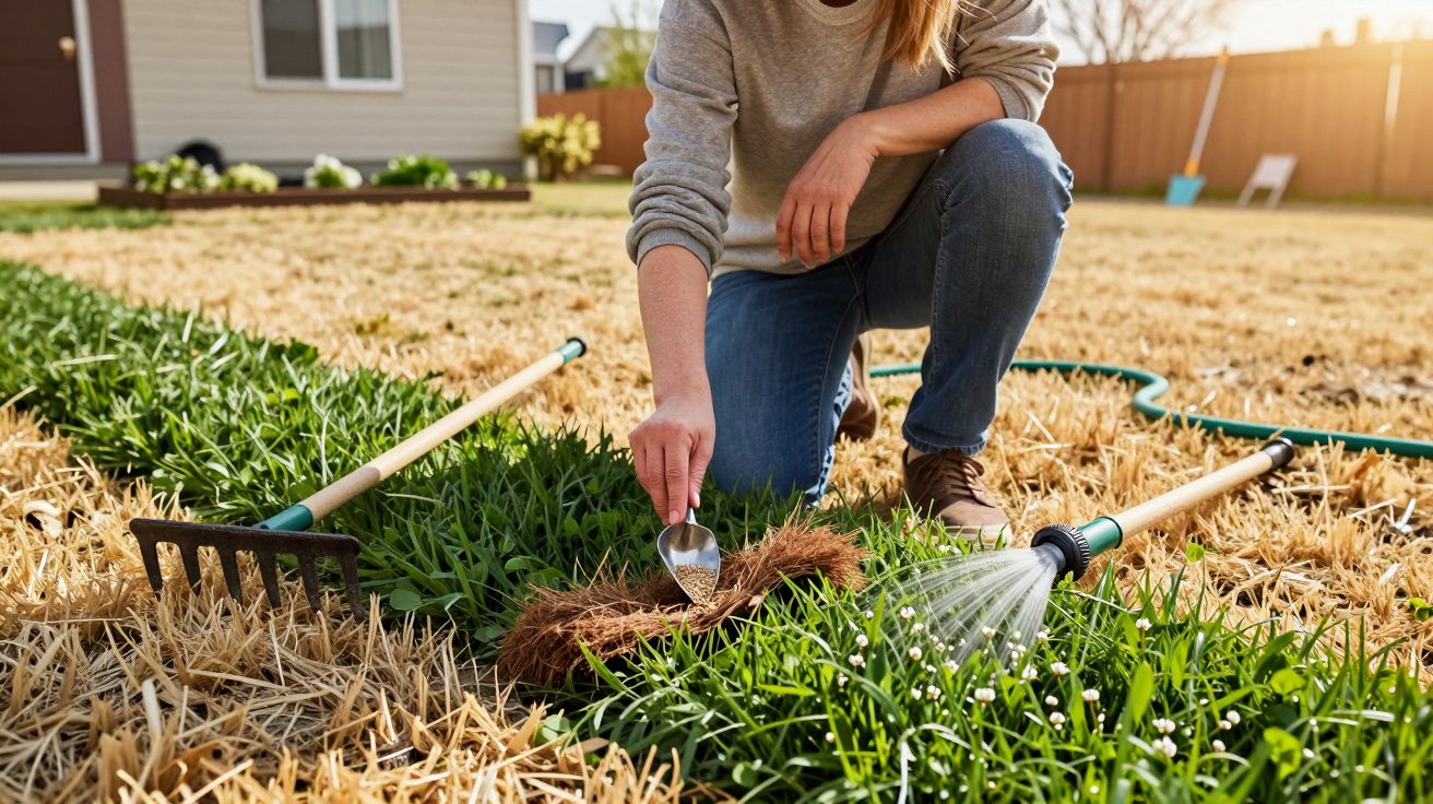 Pessoa agachada regando plantas verdes em jardim seco com regador e ancinho ao lado.