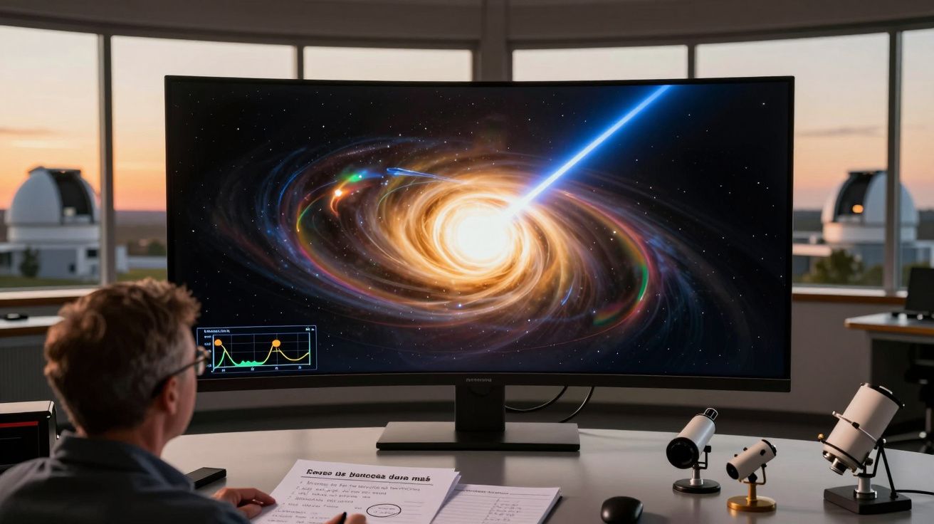 Pessoa em escritório observando imagem de buraco negro com jato de luz em tela curva ultra wide.