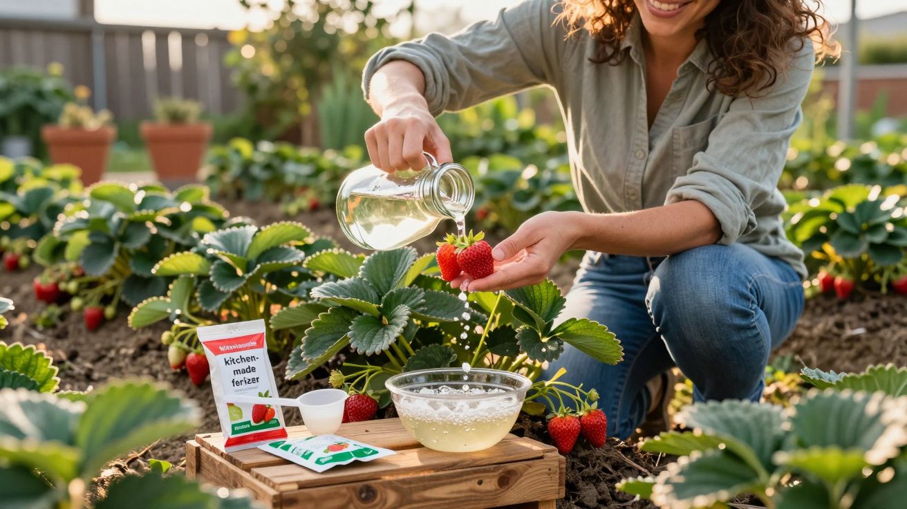 Mulher regando morangos frescos em plantação ao ar livre com recipiente de vidro e produtos ao lado.