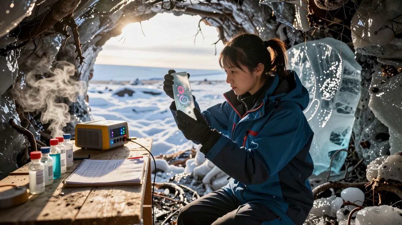 Mulher com roupa de frio examina amostra de gelo dentro de caverna em ambiente nevado, com equipamentos científicos.