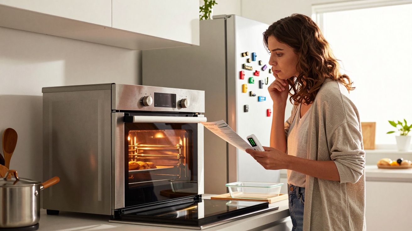 Mulher lendo receita enquanto assa pão em forno moderno na cozinha.