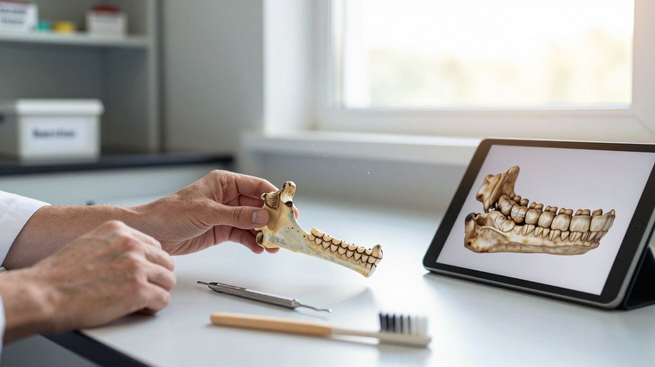 Profissional de odontologia segurando modelo de mandíbula com ferramenta e tablet mostrando imagem 3D da mandíbula.