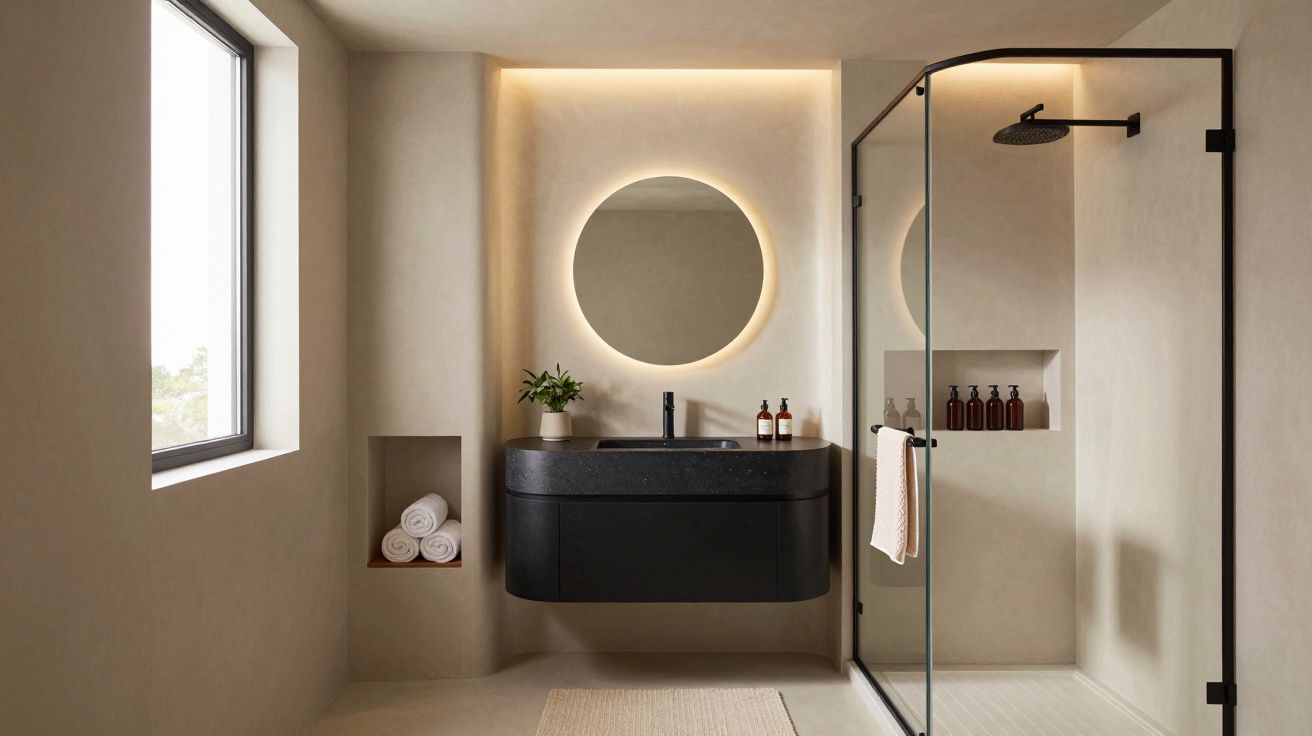 Banheiro moderno com pia preta, espelho iluminado, toalhas brancas e box de vidro com ducha preta.
