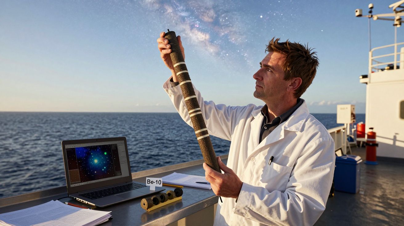 Homem em jaleco branco segurando um cilindro em um barco, com laptop aberto e mar ao fundo.