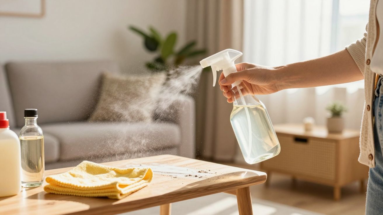 Mão borrifando produto de limpeza em mesa de madeira com pano amarelo em sala iluminada.