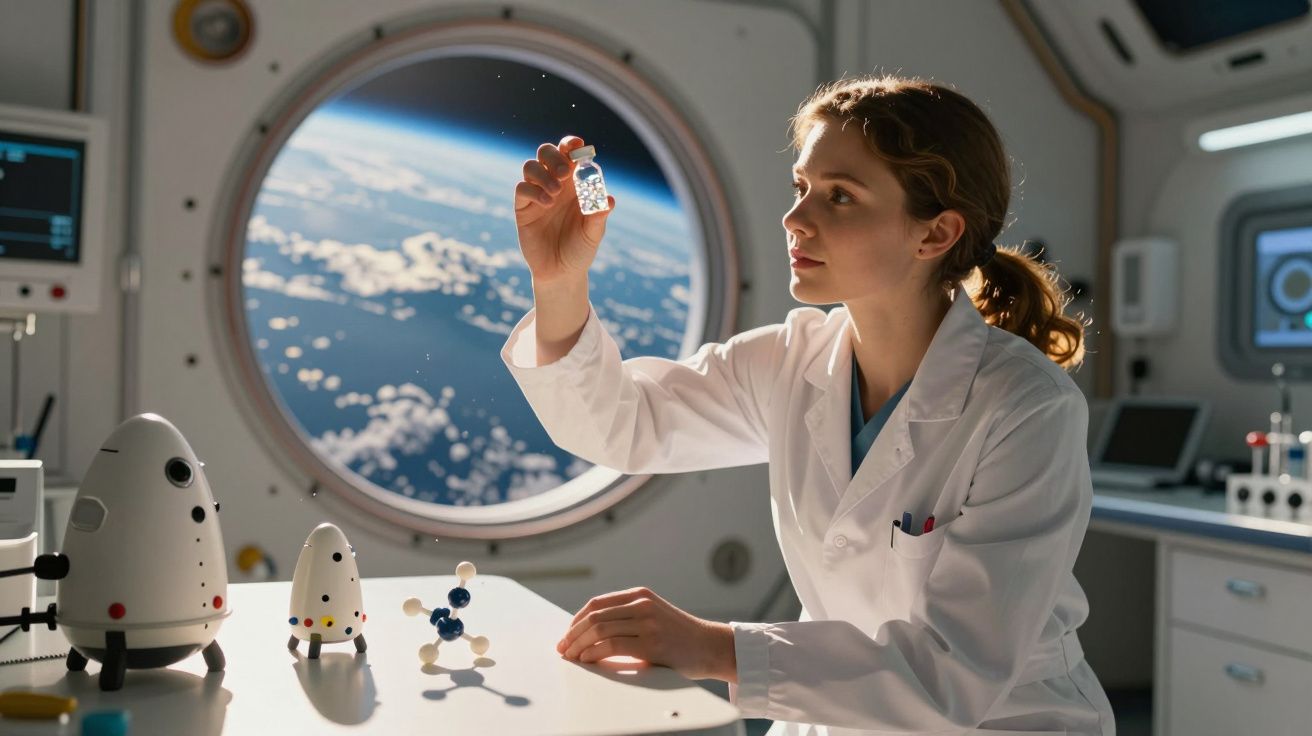 Cientista mulher em laboratório espacial segurando frasco com substância, com vista da Terra ao fundo.
