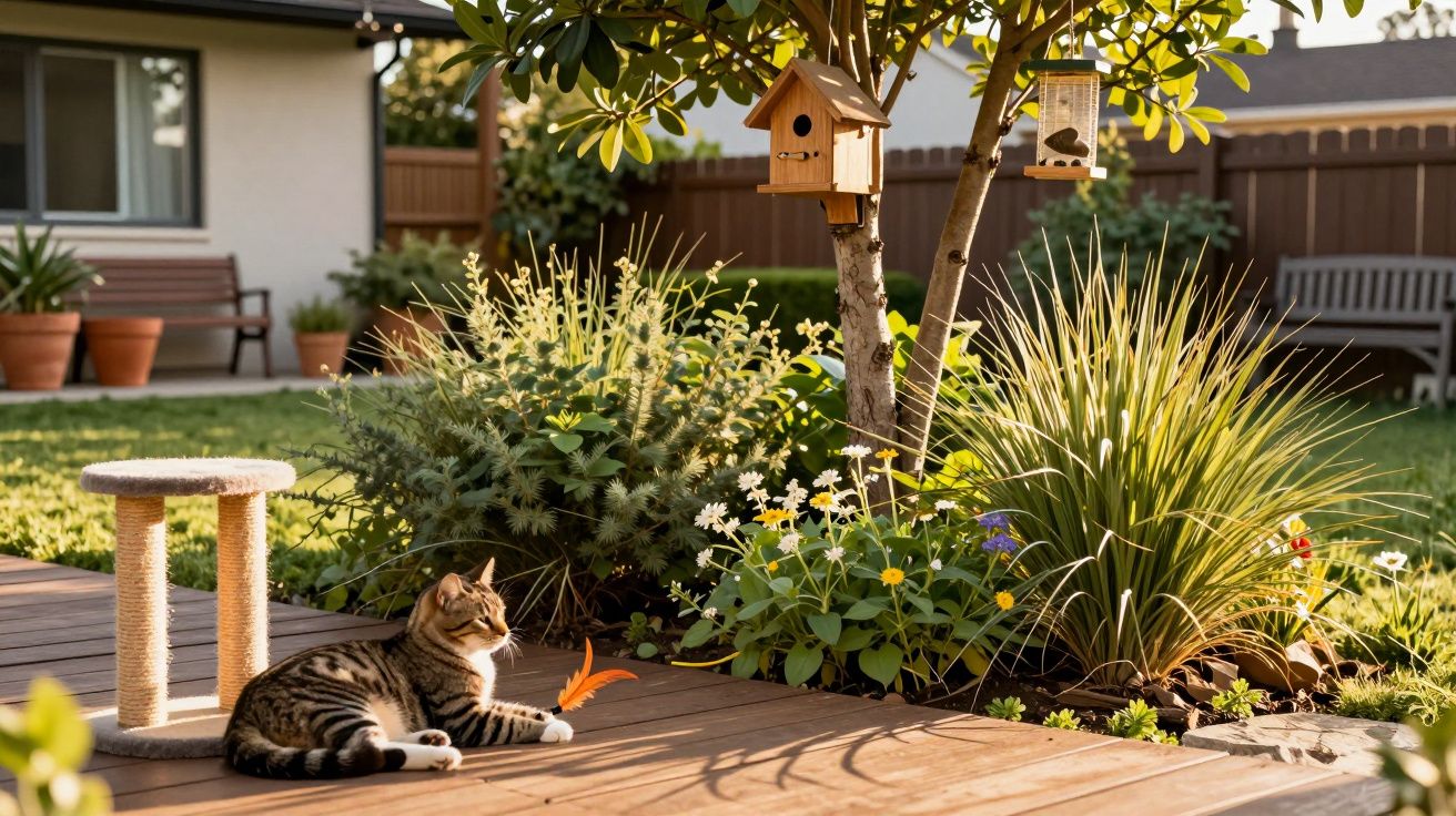 Gato listrado deitado em deck de madeira perto de plantas e comedouro de pássaros pendurado em árvore.