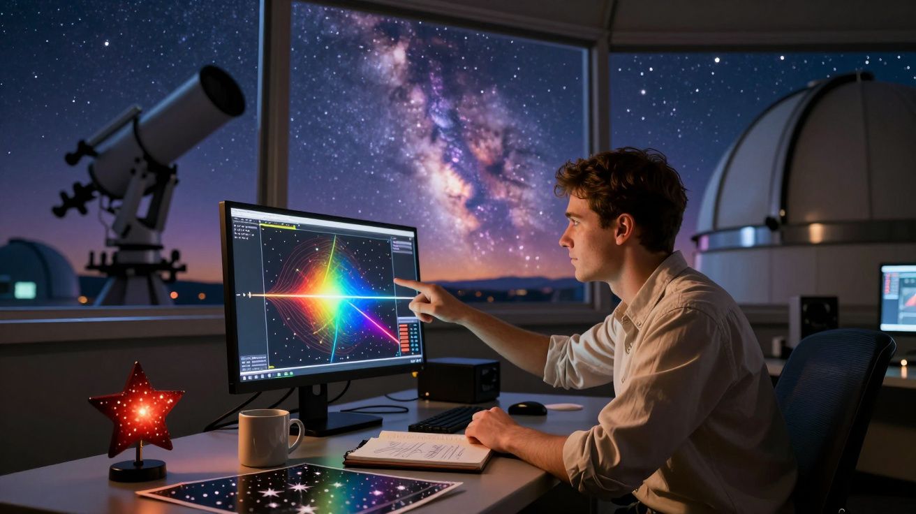 Homem analisa gráfico colorido em computador com céu estrelado e telescópio ao fundo durante a noite.