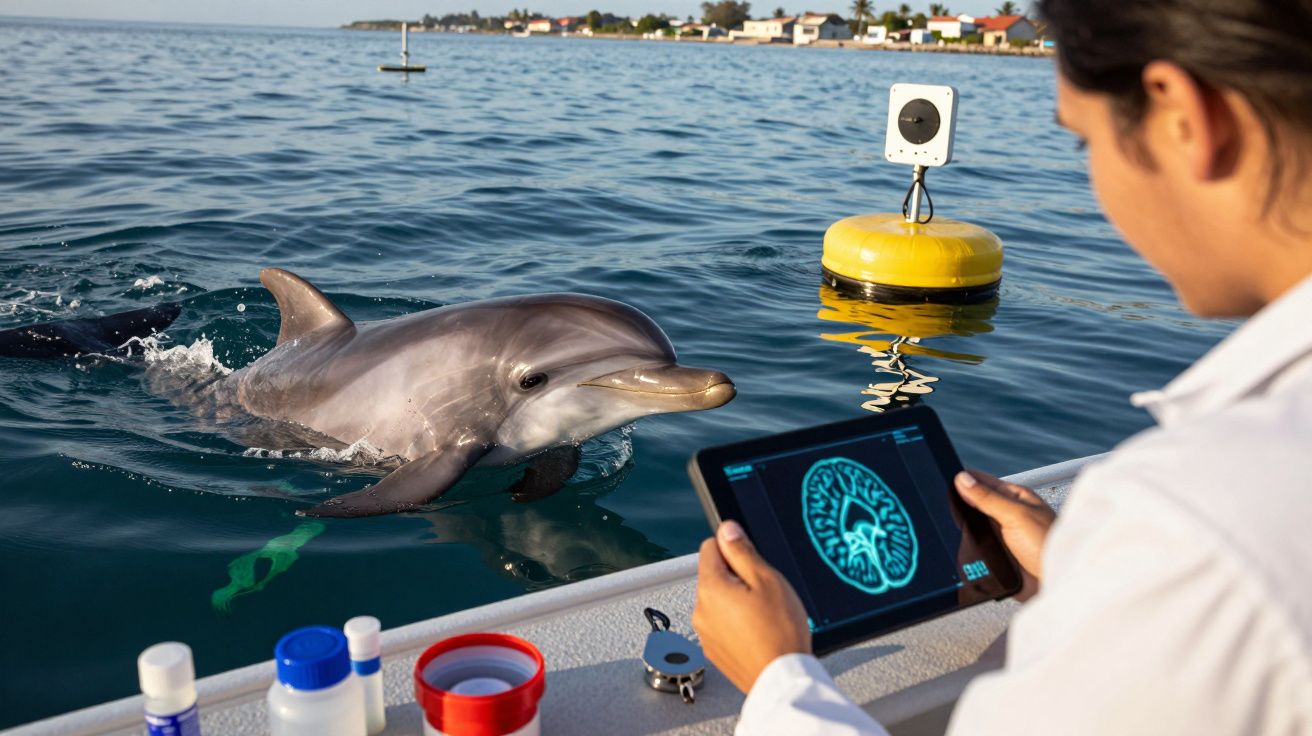 Pesquisadora observa dados em tablet enquanto golfinho nada próximo em ambiente marinho com boia amarela.