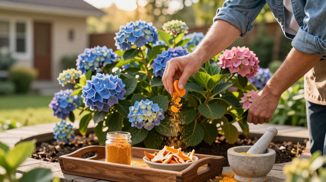Pessoa preparando fertilizante natural com cascas de laranja ao lado de flores coloridas em jardim.