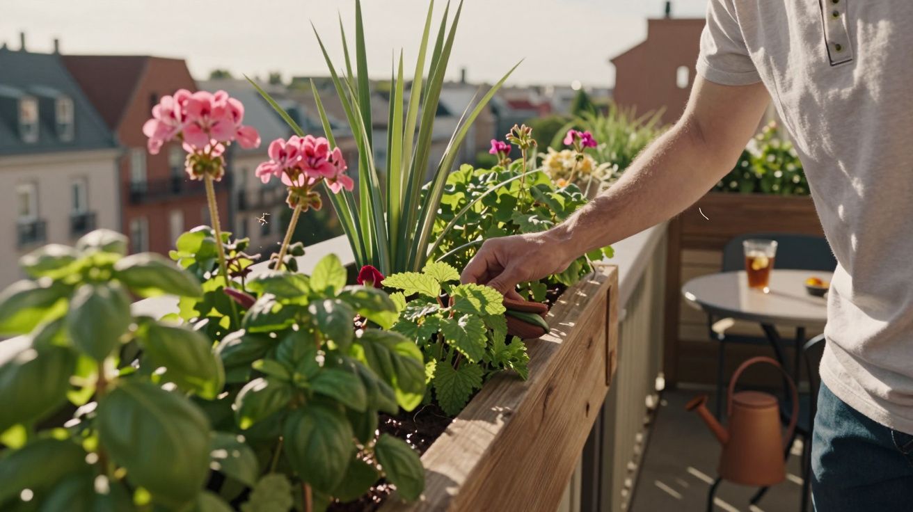 Pessoa cuidando de plantas em vaso na varanda de apartamento em dia ensolarado.