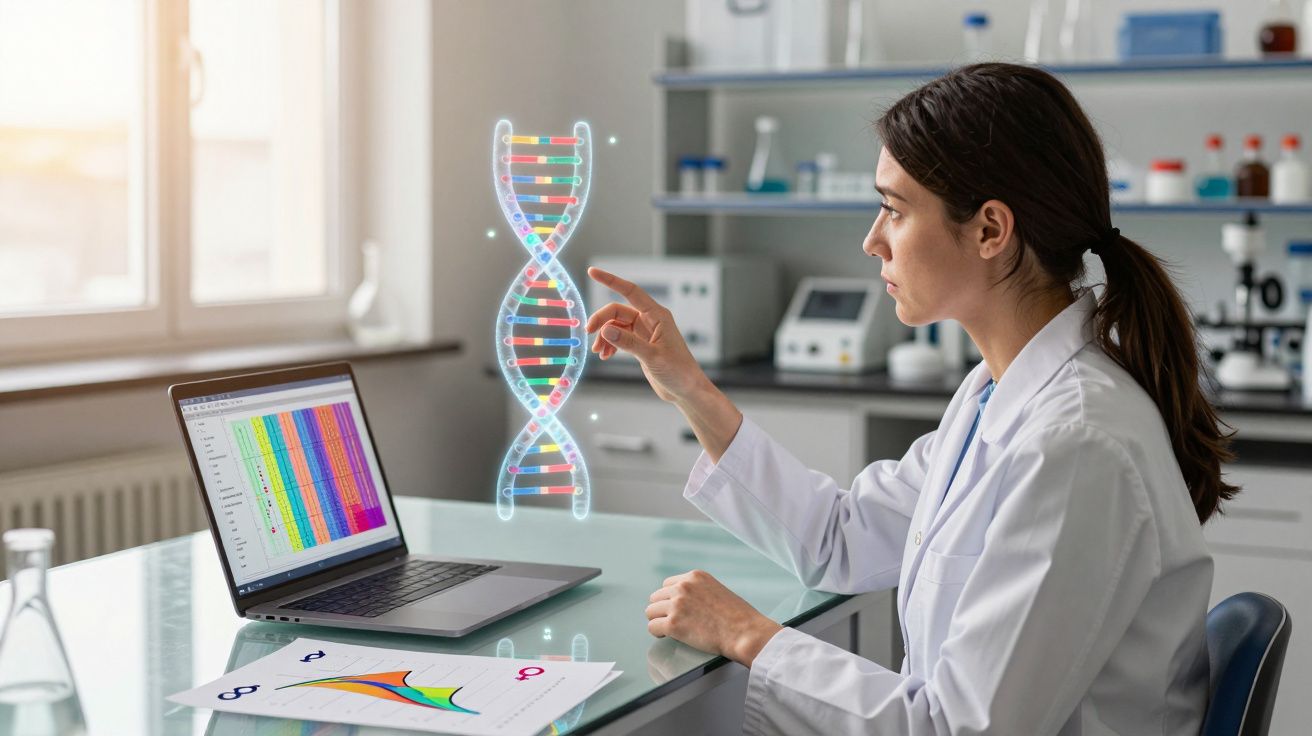 Mulher cientista em laboratório analisando modelo digital colorido de DNA ao lado de laptop e gráficos.