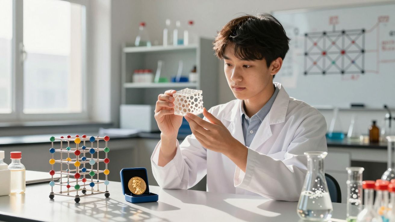 Cientista jovem em laboratório estudando modelo 3D de estrutura molecular, com medalha e equipamentos ao redor.
