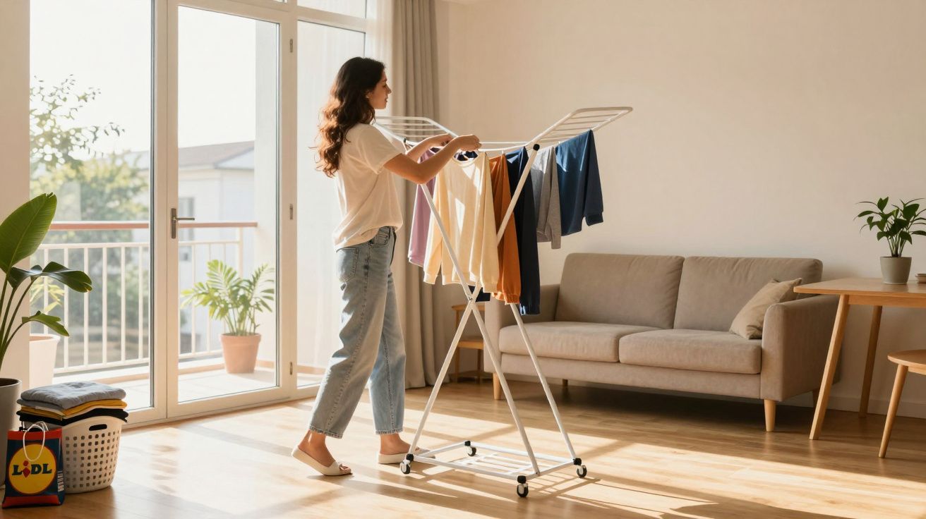Mulher pendurando roupas em varal dentro de sala iluminada com sofá, mesa e plantas.