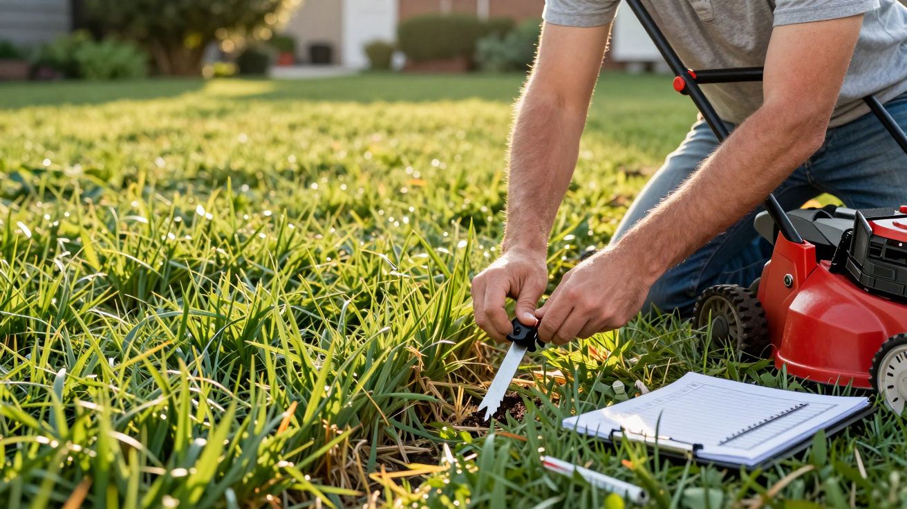 Pessoa medindo a profundidade da grama em um jardim, com cortador de grama e caderno ao lado.