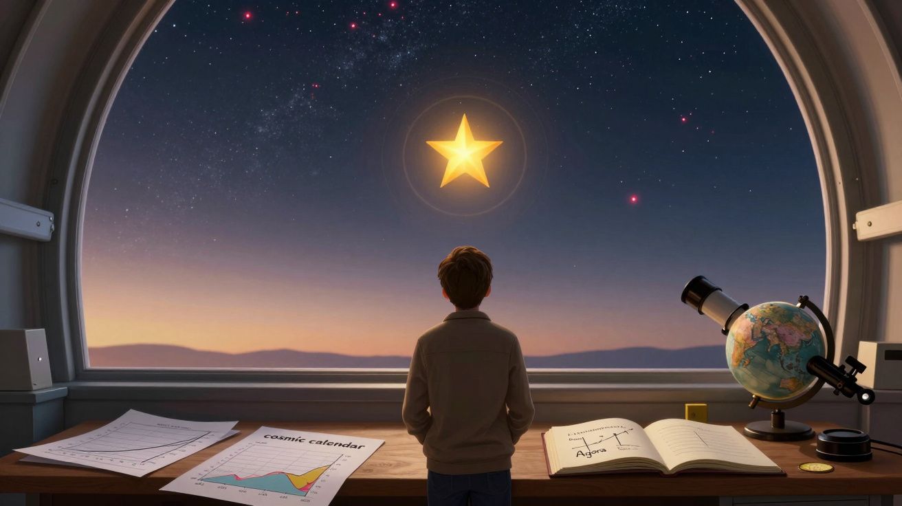 Pessoa observando uma estrela brilhante no céu noturno através de uma janela com mapas e telescópio.