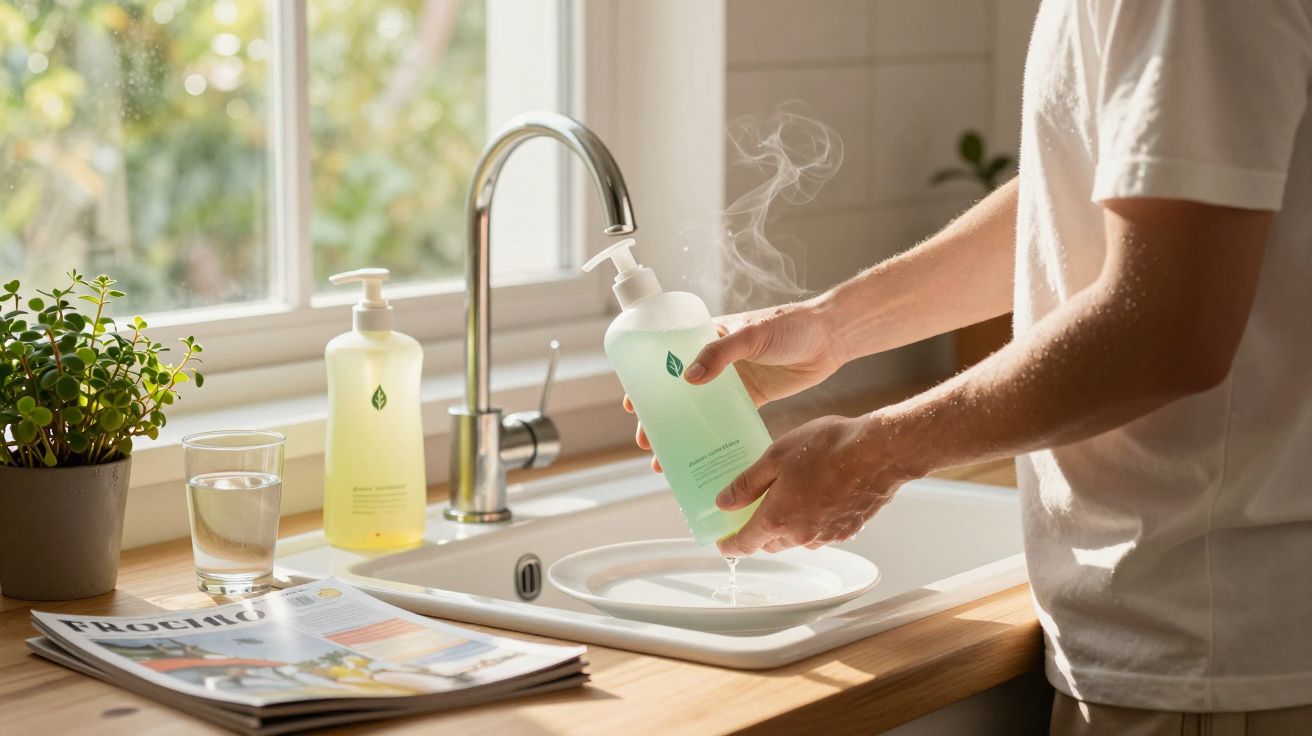 Pessoa lavando prato branco na pia com detergente em saboneteira verde, luz natural pela janela.