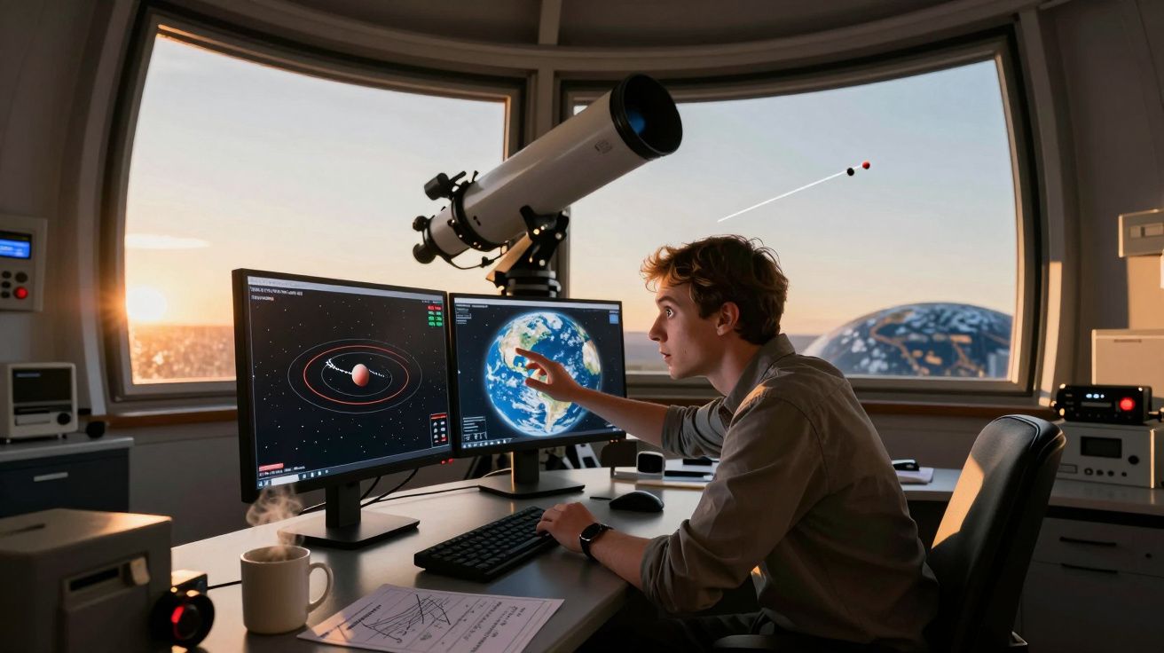 Jovem usando computador com simulador espacial, telescópio e janelas com vista do pôr do sol.