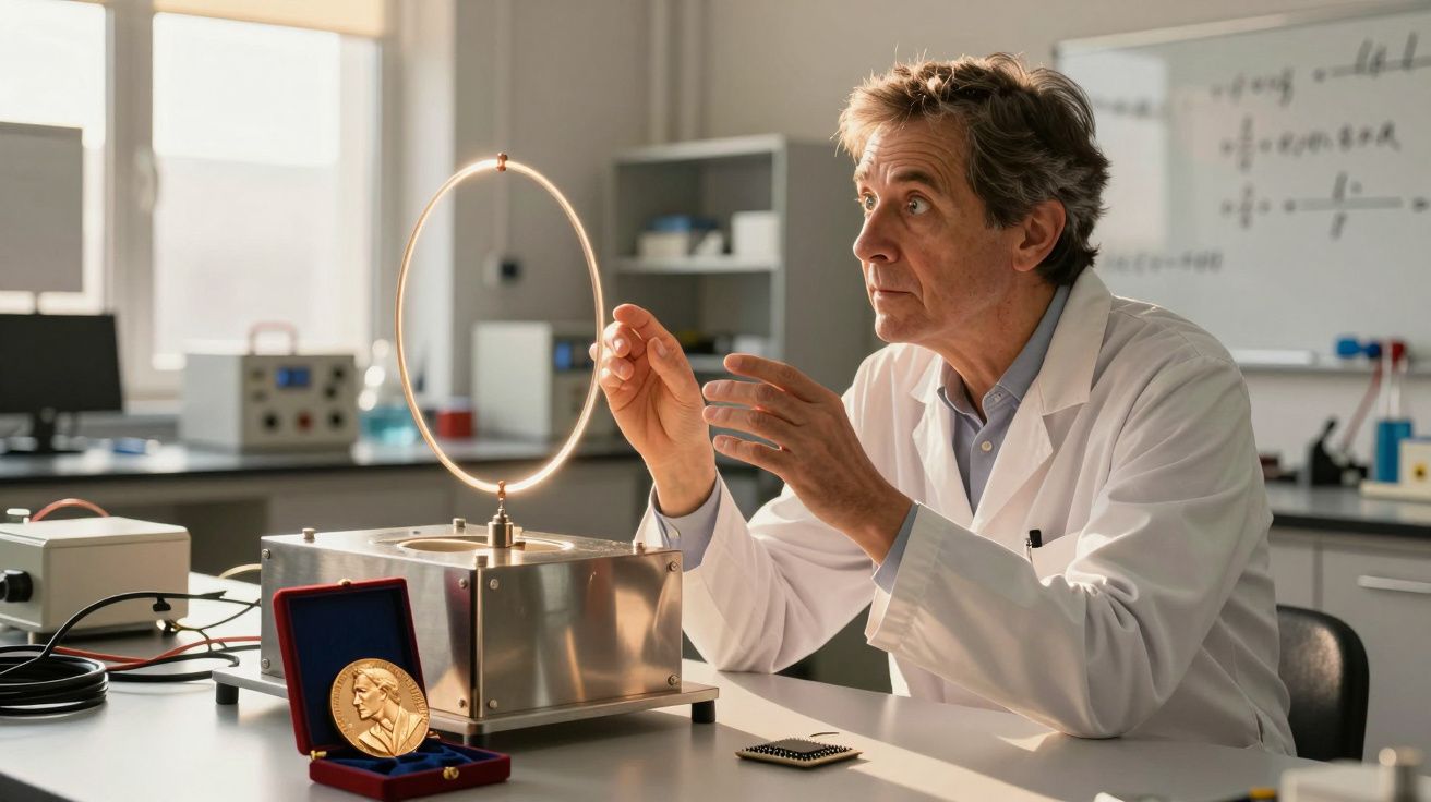 Cientista observando experimento com anel metálico em laboratório, medalha dourada ao lado.