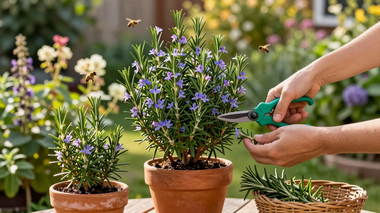 Pessoa podando alecrim florido em vasos de barro com flores roxas, abelhas ao redor.