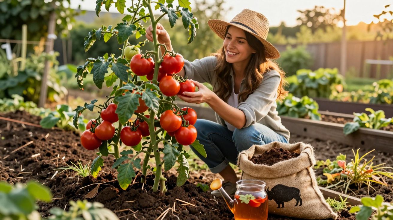 Mulher sorridente colhendo tomates vermelhos maduros em um jardim ensolarado com chapéu de palha.