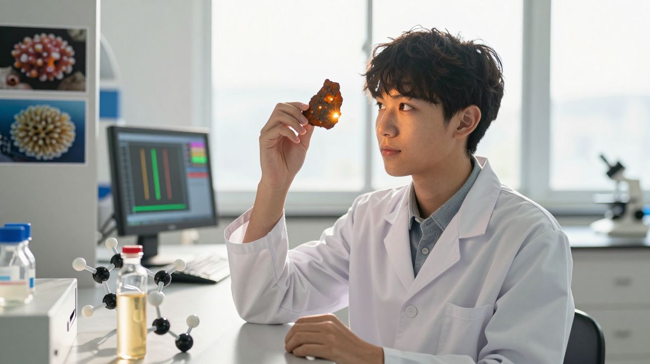 Cientista analisa amostra de mineral iluminada em laboratório científico moderno.