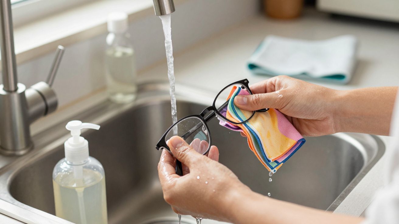 Pessoa lavando óculos com pano colorido sob torneira de pia em cozinha.