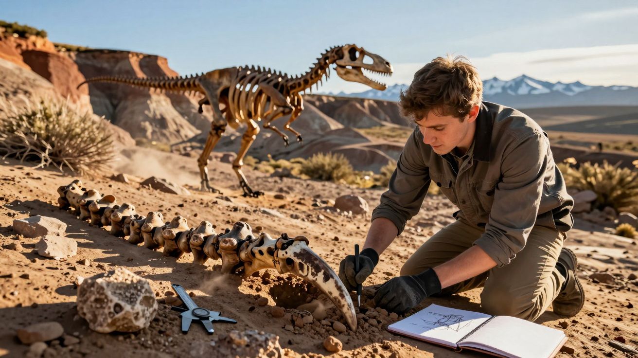 Pesquisador escavando fósseis de dinossauro no deserto com esqueleto completo ao fundo.