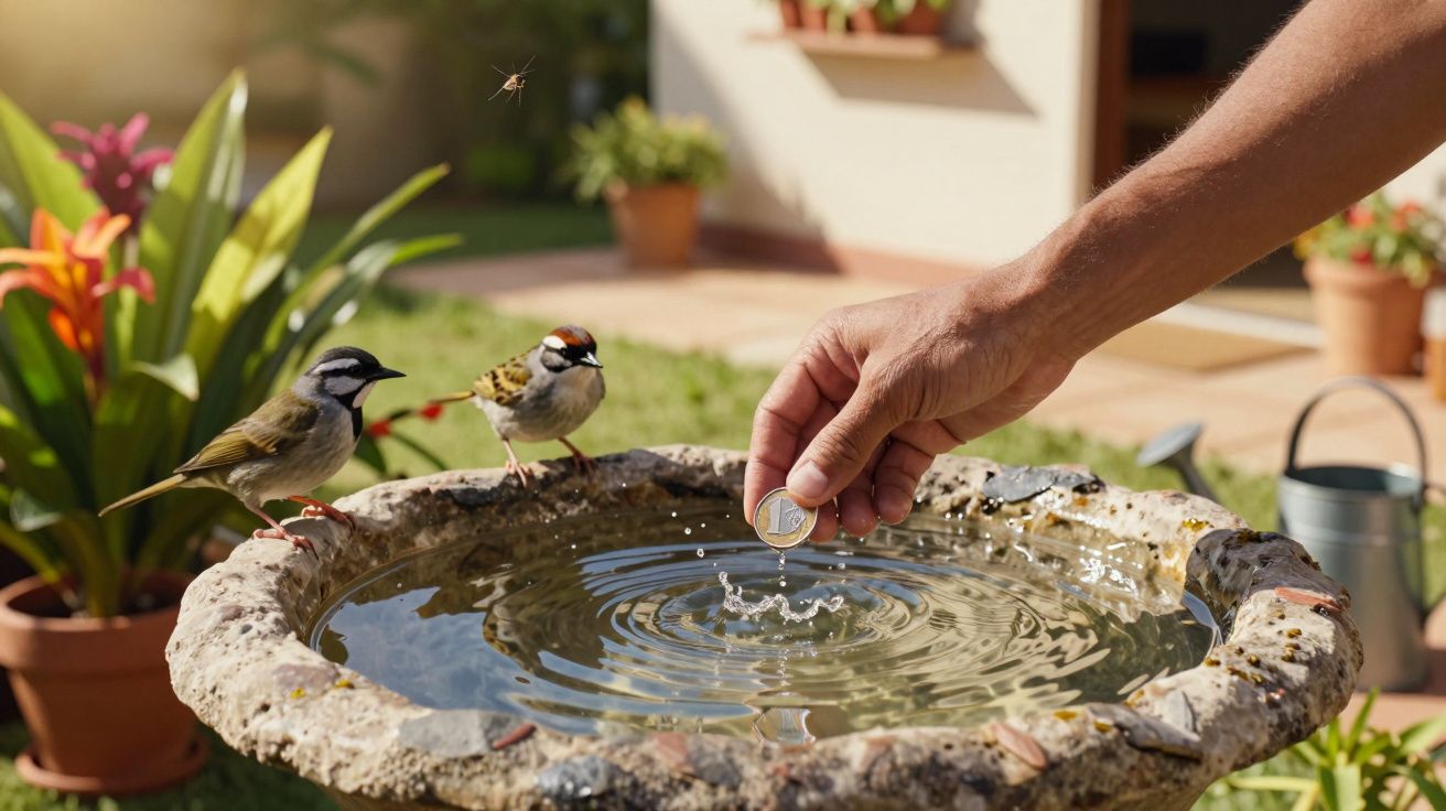 Mão segurando moeda sobre bebedouro de pedra com dois pássaros e plantas ao fundo em jardim ensolarado.